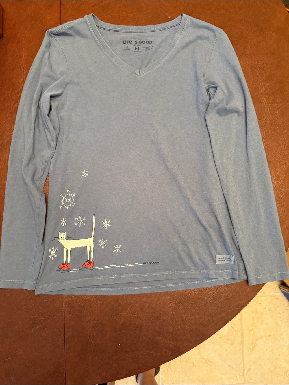 Life Is Good Light Blue Long-Sleeve V-Neck Tee with Cat Graphic